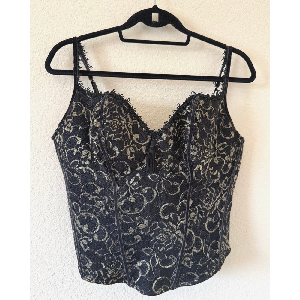Sensual Cacique Black Gold Floral Lace Corset Top Velvet Trim Tassel Size 40